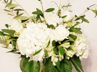 Modern and elegant, this gorgeous arrangement of Hydrangeas, White Roses, White Alstroemerias and olive branch 