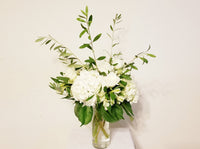 Modern and elegant, this gorgeous arrangement of Hydrangeas, White Roses, White Alstroemerias and olive branch 