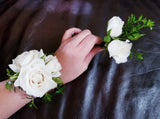 White Spray Roses Silver Cuff Corsage & Boutonniere with Black Ribbon