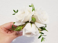 White Spray Roses Silver Cuff Corsage & Boutonniere with Black Ribbon