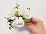 White Spray Roses Silver Cuff Corsage & Boutonniere with Black Ribbon