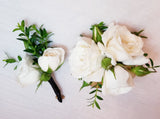 White Spray Roses Silver Cuff Corsage & Boutonniere with Black Ribbon