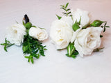 White Spray Roses Silver Cuff Corsage & Boutonniere with Black Ribbon