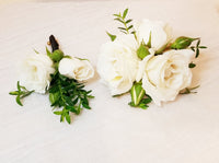 White Spray Roses Silver Cuff Corsage & Boutonniere with Black Ribbon