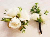 White Spray Roses Silver Cuff Corsage & Boutonniere with Black Ribbon