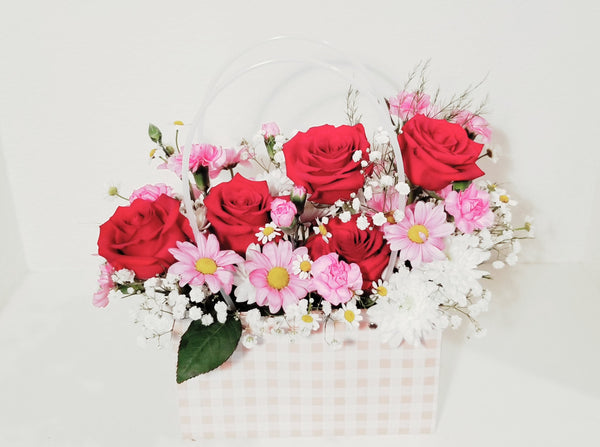 Roses and Seasonal Flowers Handbag Arrangement