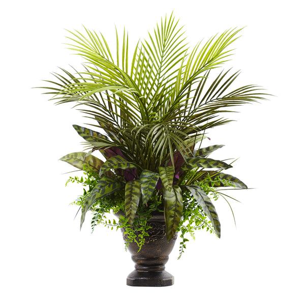 27” Mixed Areca Palm, Fern & Peacock W/Planter