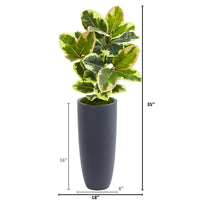 35” Rubber Leaf Artificial Plant In Gray Planter (Real Touch)
