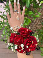 Red Spray Roses Corsage & Boutonniere with Black Ribbon & Gold Flakes