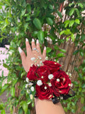 Red Spray Roses Corsage & Boutonniere with Black Ribbon & Gold Flakes