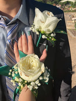 White Roses Corsage & Boutonniere with Long Teal Ribbon Media 6 of 8