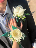 White Roses Corsage & Boutonniere with Long Teal Ribbon Media 6 of 8