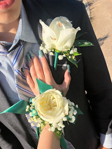 White Rose Boutonniere with Blue Ribbon