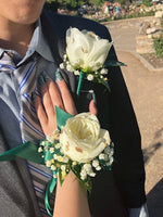 White Roses Corsage & Boutonniere with Long Teal Ribbon Media 