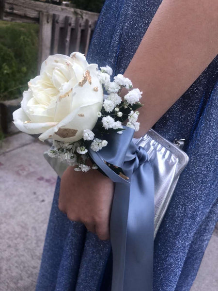 White Roses Corsage & Boutonniere with Long Dusty Blue Ribbon LeLe Floral White Roses Corsage & Boutonniere with Long Dusty Blue Ribbon LeLe Floral