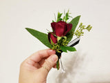 Red Spray Roses Corsage & Boutonniere with Black Ribbon & Gold Flakes