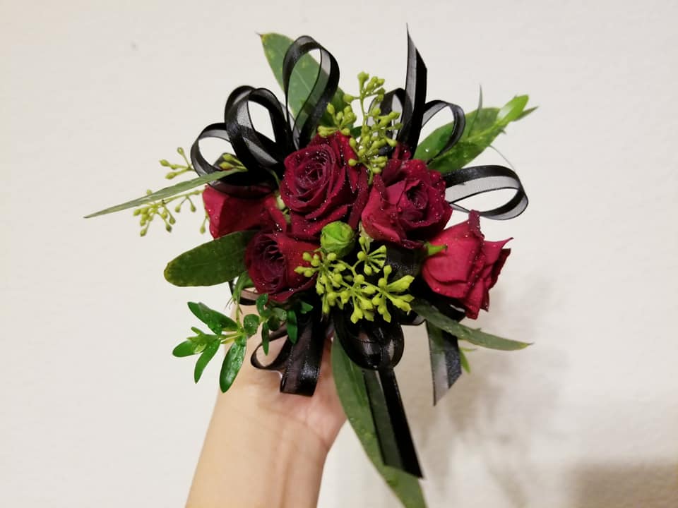 Red Spray Roses Corsage & Boutonniere with Black Ribbon