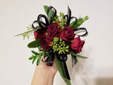 Red Spray Roses Corsage & Boutonniere with Black Ribbon